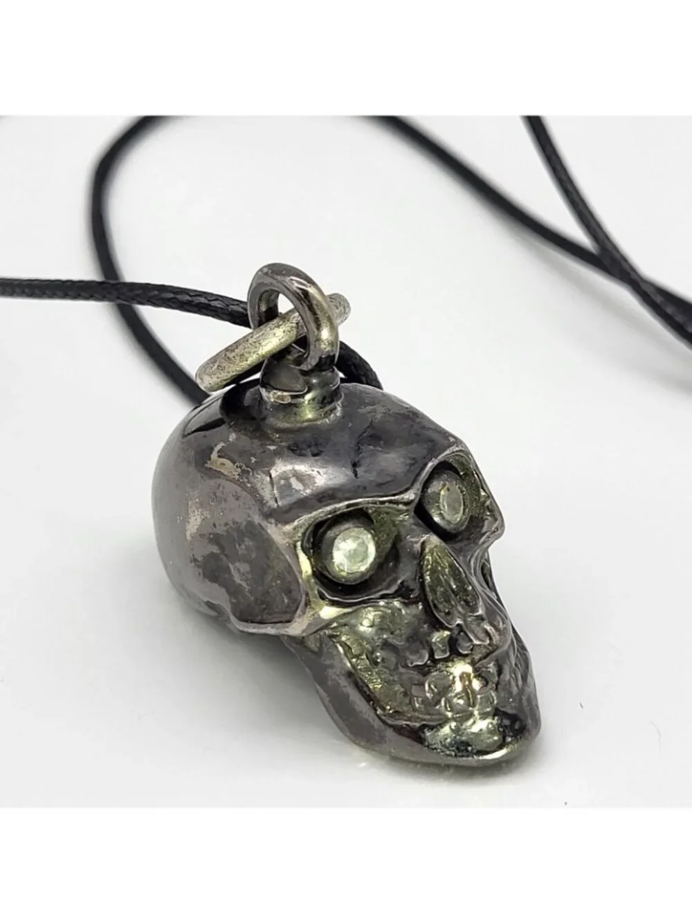 Gunmetal Gray Skull Crystal eyes Bell Pendant Biker Goth Halloween USA Made